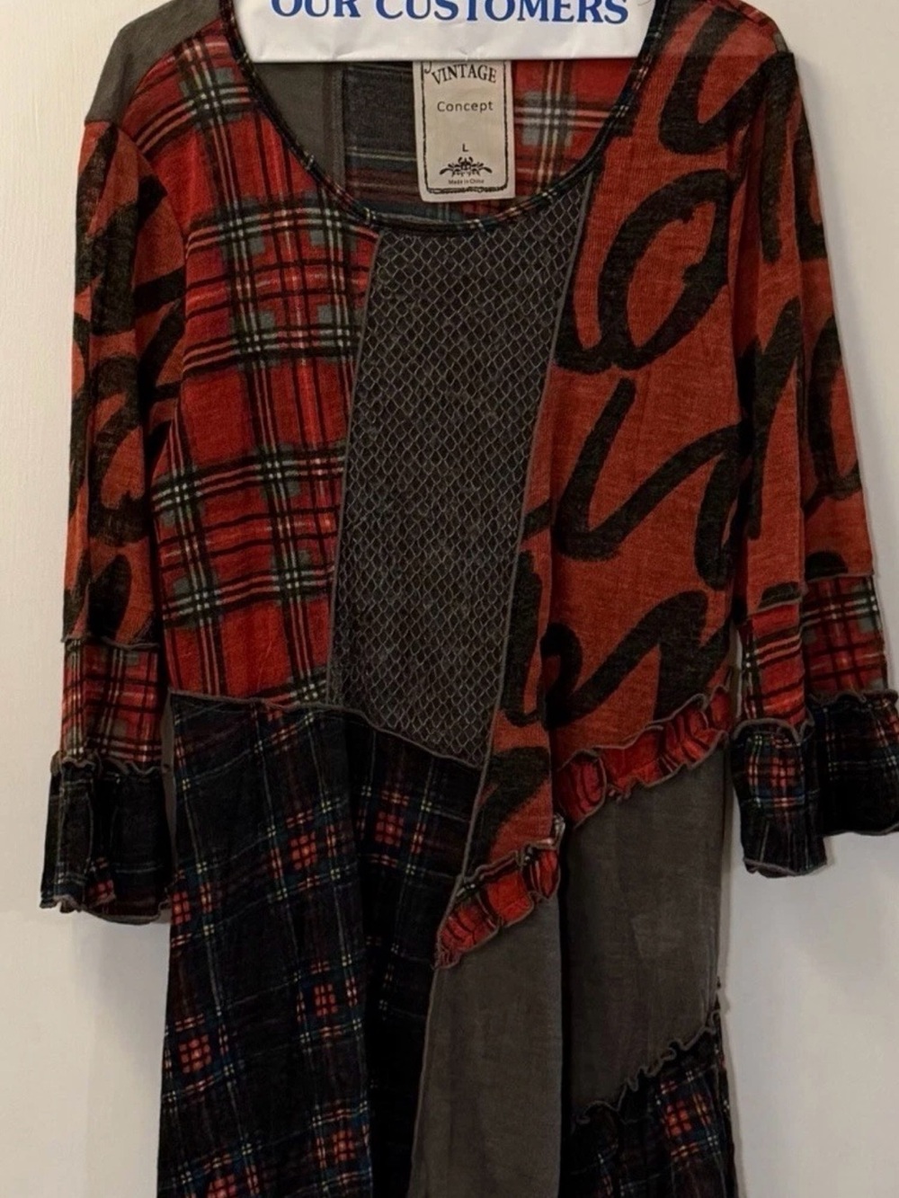 Vintage Concept Women's Patchwork Tunic in Red, Black, Gray, and Blue